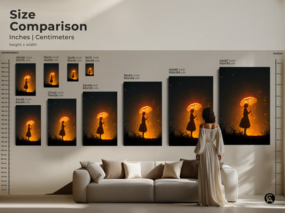 Size comparison of the girl with umbrella artwork in various dimensions. See how the art looks above a sofa. Available in multiple sizes. Choose the perfect scale for your living room. Golden glow canvas print.