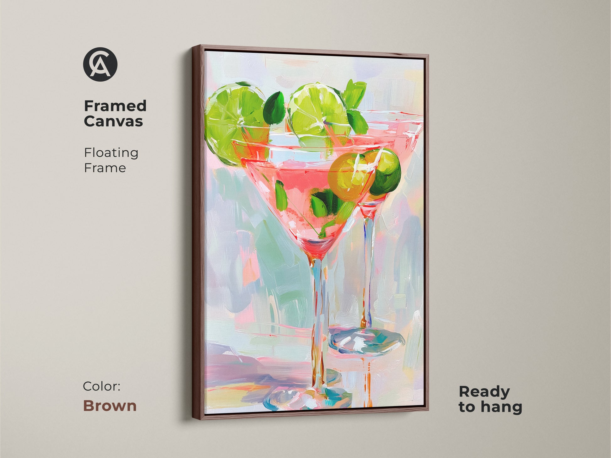 Framed Canvas art. The floating frame is brown. It displays two cocktail glasses filled with a pink beverage. Limes and mint garnish the drinks. This ready-to-hang artwork adds a modern touch to your space.