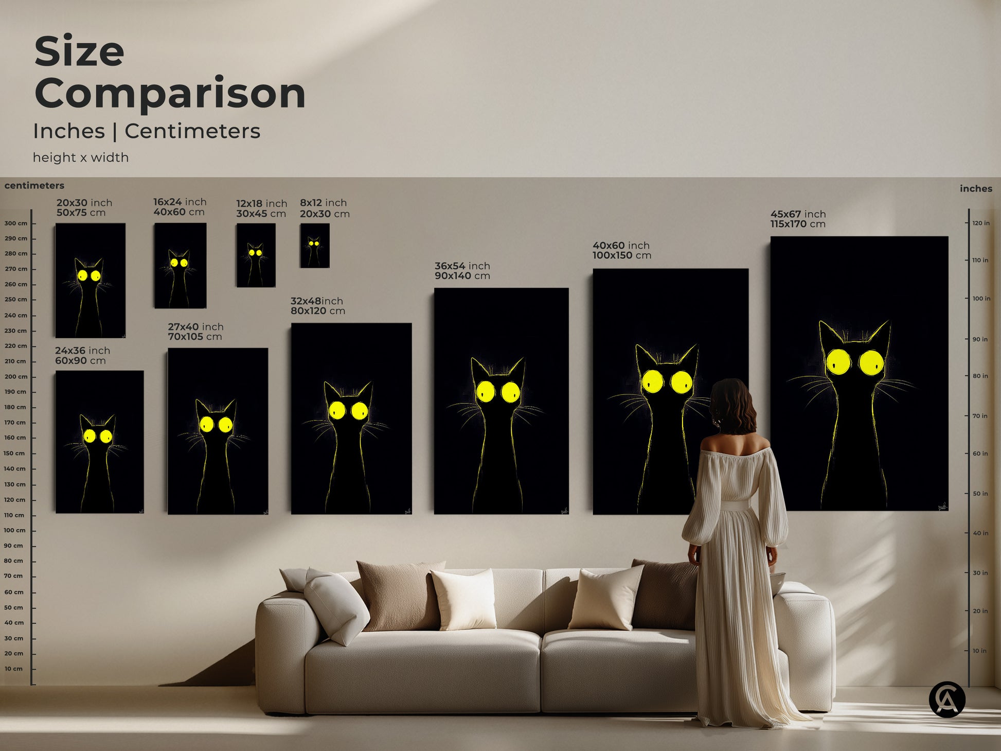 Size comparison showcasing the eclectic black cat art print in various dimensions. See how this minimalist cat artwork fits above a sofa offering a sense of scale. Available in inches and centimeters this funny cat painting makes a perfect addition to any cat lover's home decor.