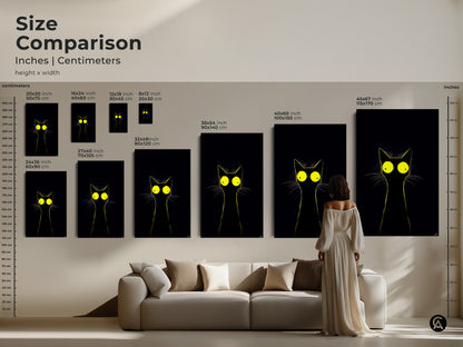 Size comparison showcasing the eclectic black cat art print in various dimensions. See how this minimalist cat artwork fits above a sofa offering a sense of scale. Available in inches and centimeters this funny cat painting makes a perfect addition to any cat lover's home decor.