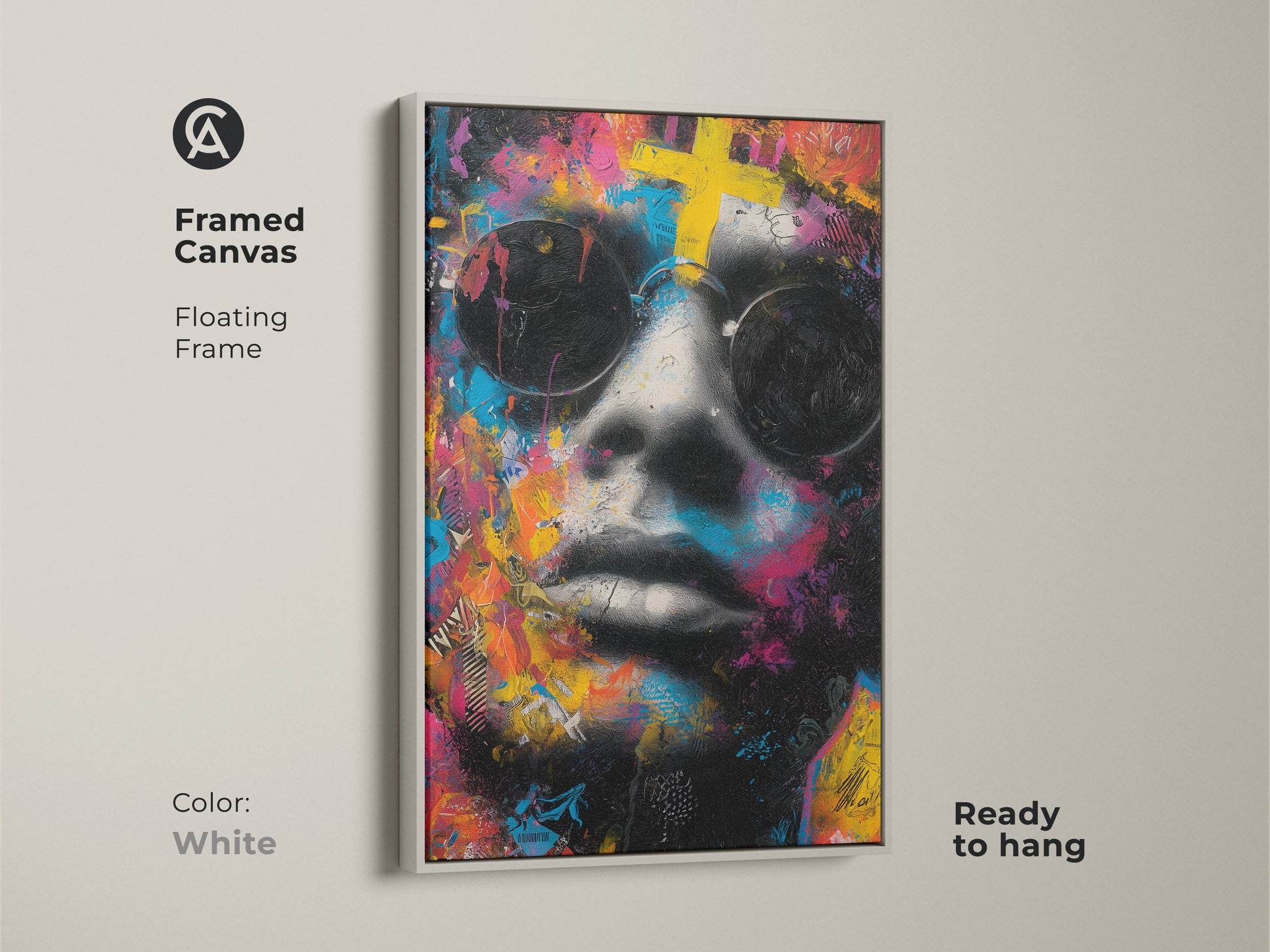 Framed canvas art with a floating frame. This art features a face with sunglasses and vibrant colors. The white frame offers a clean look to the artwork. Ready to hang this art complements any decor.
