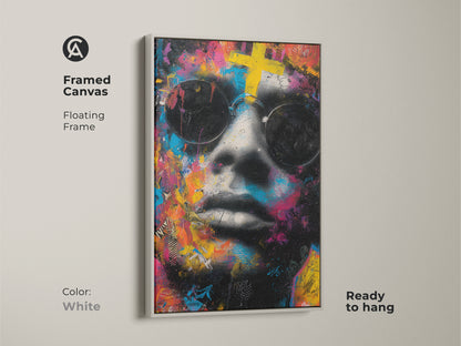Framed canvas art with a floating frame. This art features a face with sunglasses and vibrant colors. The white frame offers a clean look to the artwork. Ready to hang this art complements any decor.