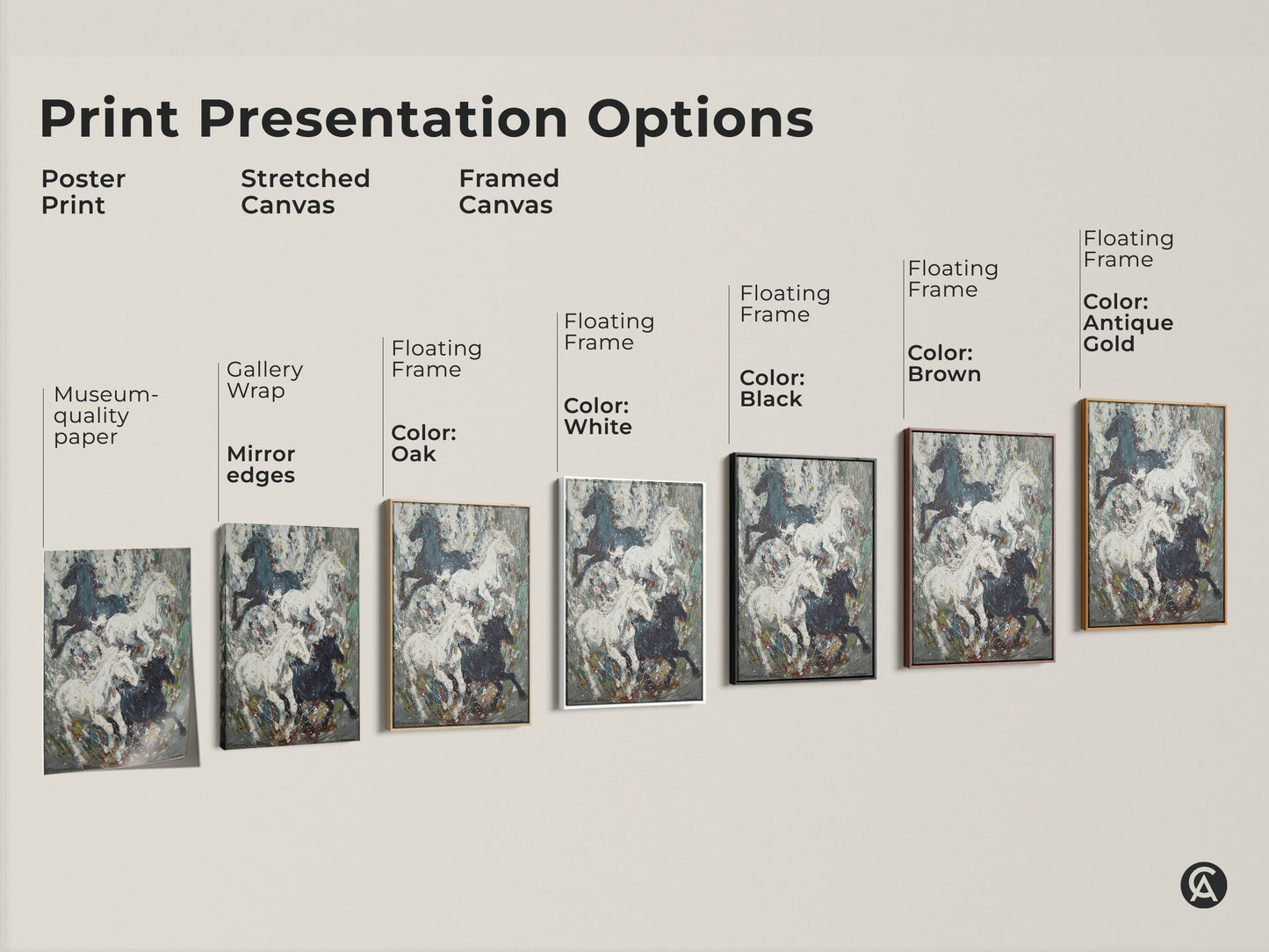 Explore print presentation options for your horse artwork. Choose from poster prints stretched canvas and framed canvas. Select a floating frame in black brown antique gold oak or white. Find the perfect style to complement your eclectic home decor. High quality horse art print.