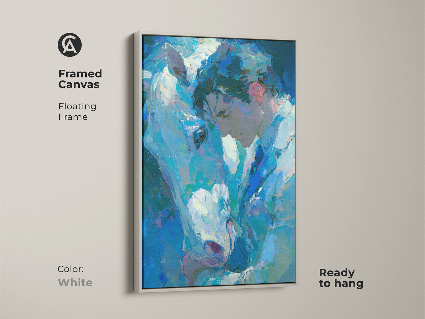 White framed canvas art print of a man and a white horse. The artwork is ready to hang with a floating frame. The artwork's clean look suits modern spaces. This emotional piece brings a sense of peace. A perfect addition to your art collection.