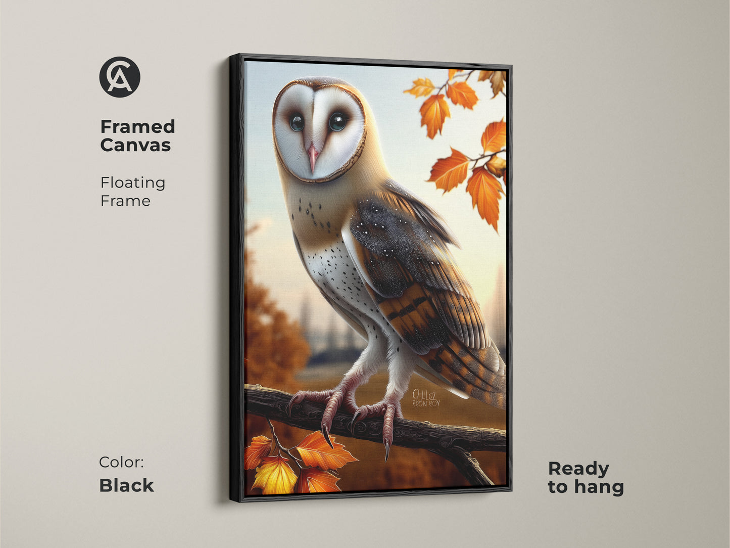 Framed canvas of a realistic barn owl artwork with a black floating frame. Autumn maple leaves complement the rustic woodland animal decor. This bird lover housewarming gift is ready to hang. Nature inspired art.