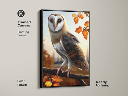 Framed canvas of a realistic barn owl artwork with a black floating frame. Autumn maple leaves complement the rustic woodland animal decor. This bird lover housewarming gift is ready to hang. Nature inspired art.