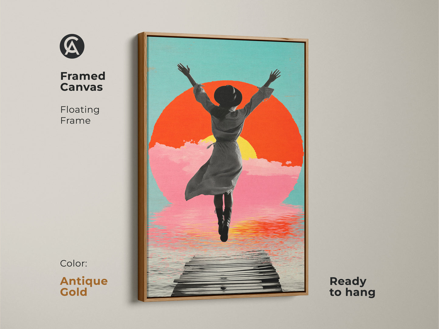 Framed canvas presenting retro style woman jumping in a floating antique gold frame ready to hang. It is a unique figurative piece uses boho surreal art elements. It displays aqua and pink tones of a serene pier and orange sunset.
