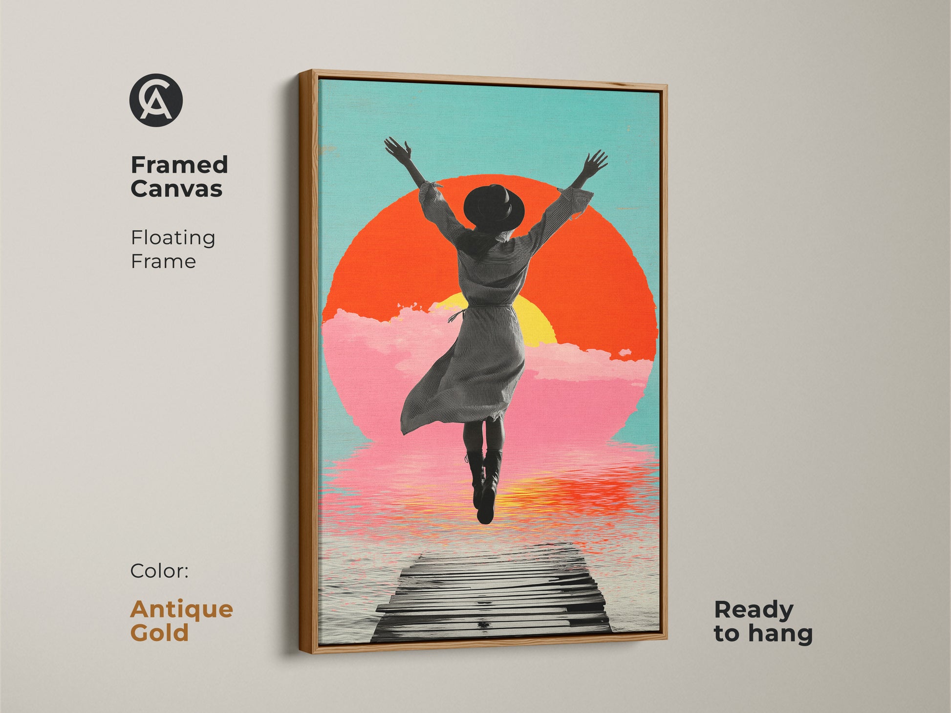 Framed canvas presenting retro style woman jumping in a floating antique gold frame ready to hang. It is a unique figurative piece uses boho surreal art elements. It displays aqua and pink tones of a serene pier and orange sunset.