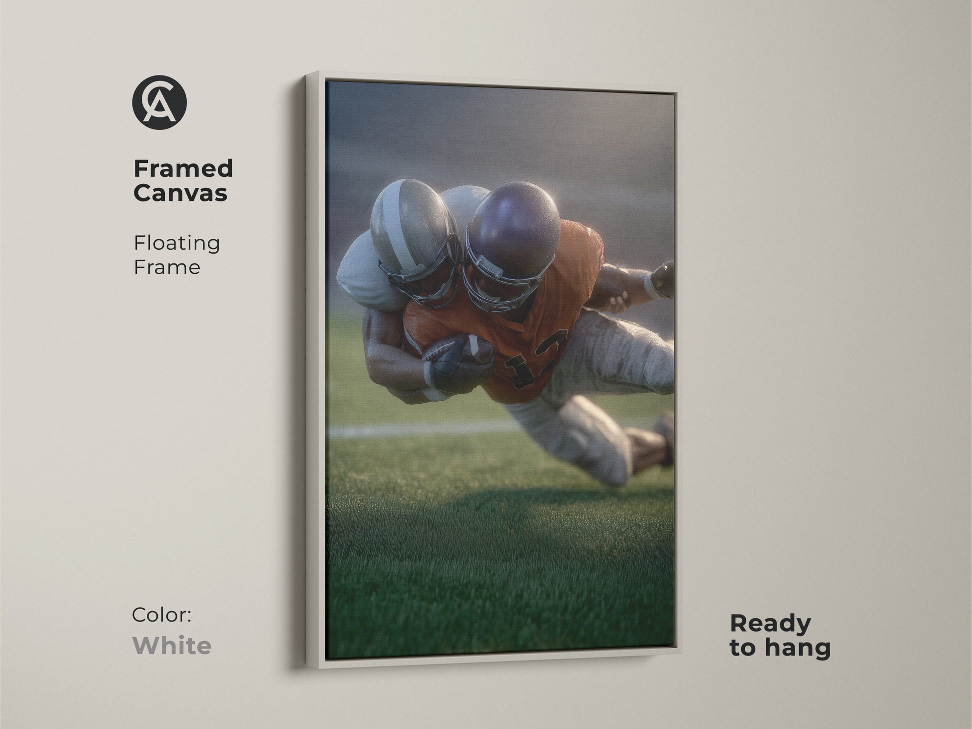 This framed canvas features realistic football artwork with a floating white frame. The sports action wall art is ready to hang. It enhances office decor or a man cave with a touch of modern sports art. An excellent gift for football fans and collectors of dynamic action art.