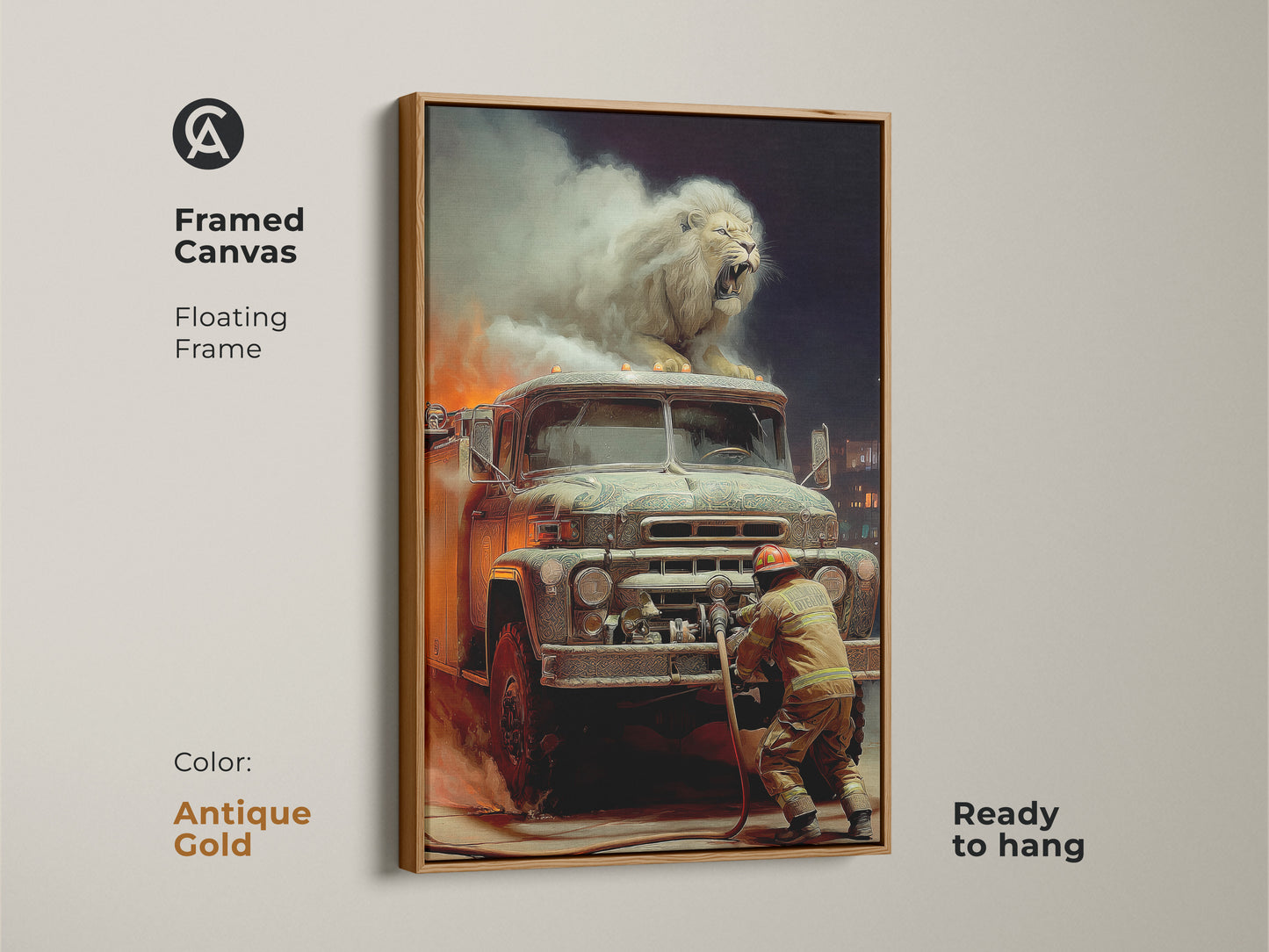 Surreal canvas art showcasing a majestic lion on a vintage fire truck with flames. This framed canvas has a floating antique gold frame. Features a firefighter. Perfect office desk art. Its an action packed animal fantasy art print. Ideal as a unique gift.