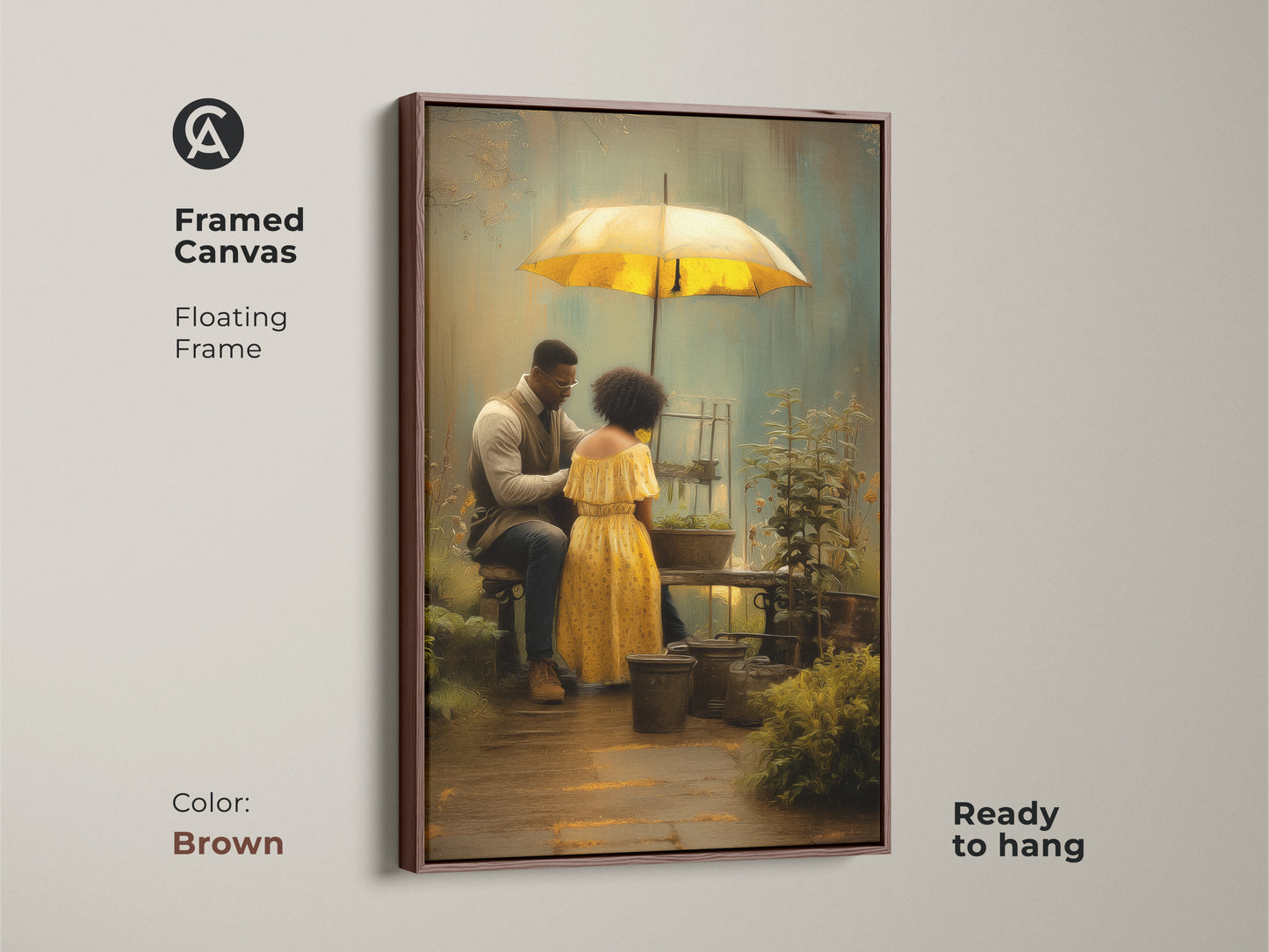 Framed canvas art with a brown floating frame featuring a romantic couple gardening under a yellow umbrella. The ready to hang boho style art is a brown green nature scene. This makes a unique anniversary gift for couples. Textured wall decor brings a personal touch to any residential space.