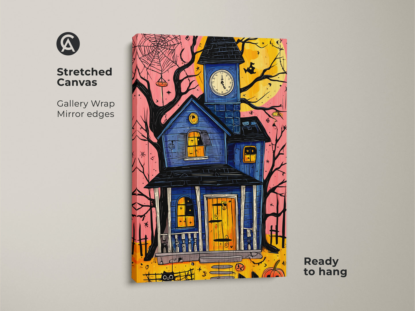 Stretched canvas of a haunted house art print. The gallery wrap with mirror edges showcases spooky Halloween wall art decor. A black cat and pumpkin add charm. This eclectic blue yellow orange artwork is ready to hang.