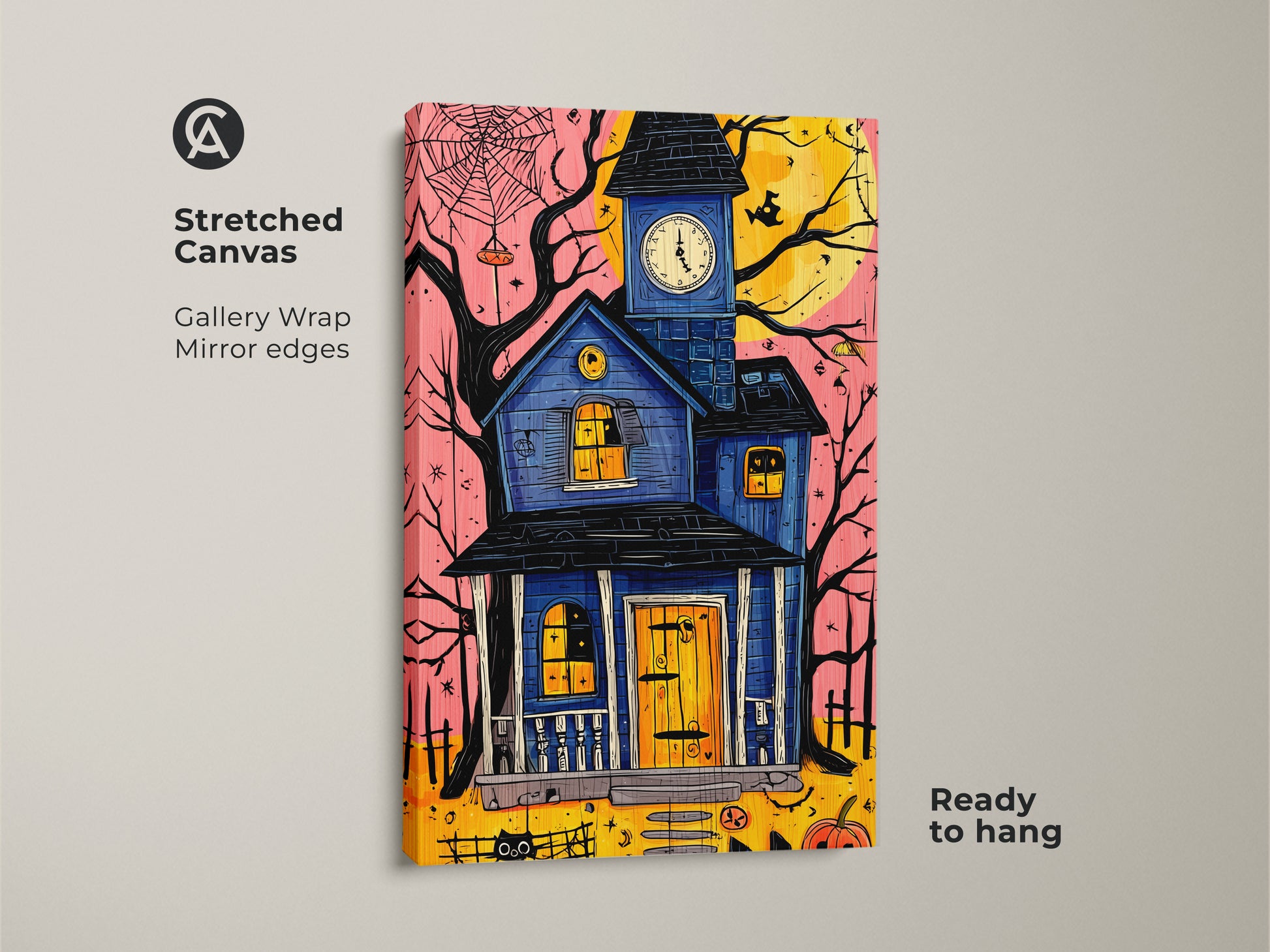 Stretched canvas of a haunted house art print. The gallery wrap with mirror edges showcases spooky Halloween wall art decor. A black cat and pumpkin add charm. This eclectic blue yellow orange artwork is ready to hang.