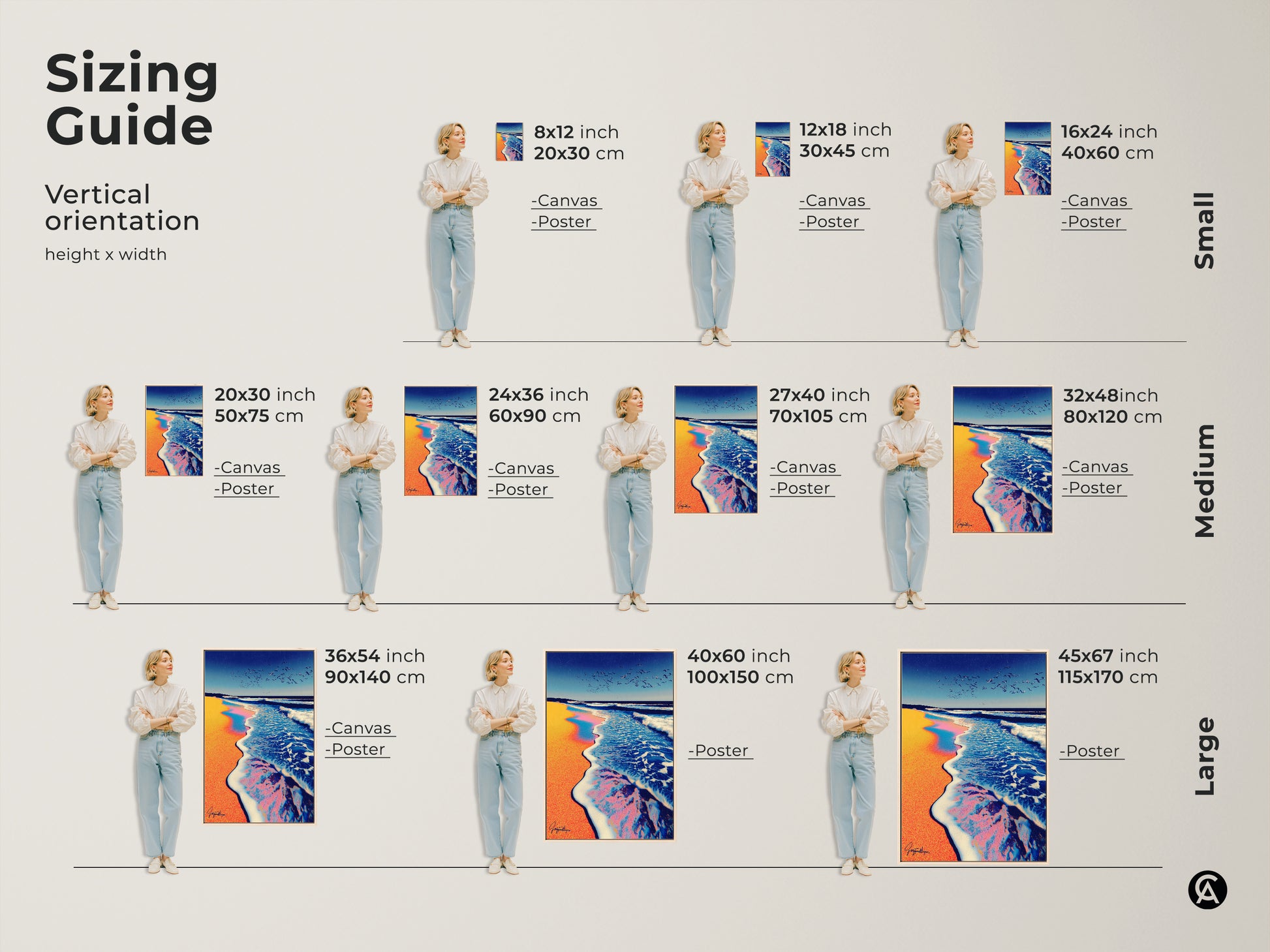 Explore various sizes of vertical orientation coastal canvas art. Ranging from small medium and large abstract ocean wave wall art. This sizing guide offers options for poster and canvas prints. Teal blue and orange sunset artwork for any modern home decor.
