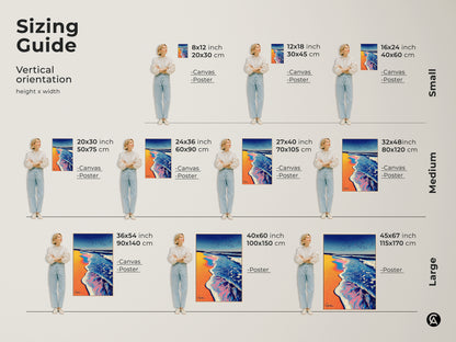 Explore various sizes of vertical orientation coastal canvas art. Ranging from small medium and large abstract ocean wave wall art. This sizing guide offers options for poster and canvas prints. Teal blue and orange sunset artwork for any modern home decor.