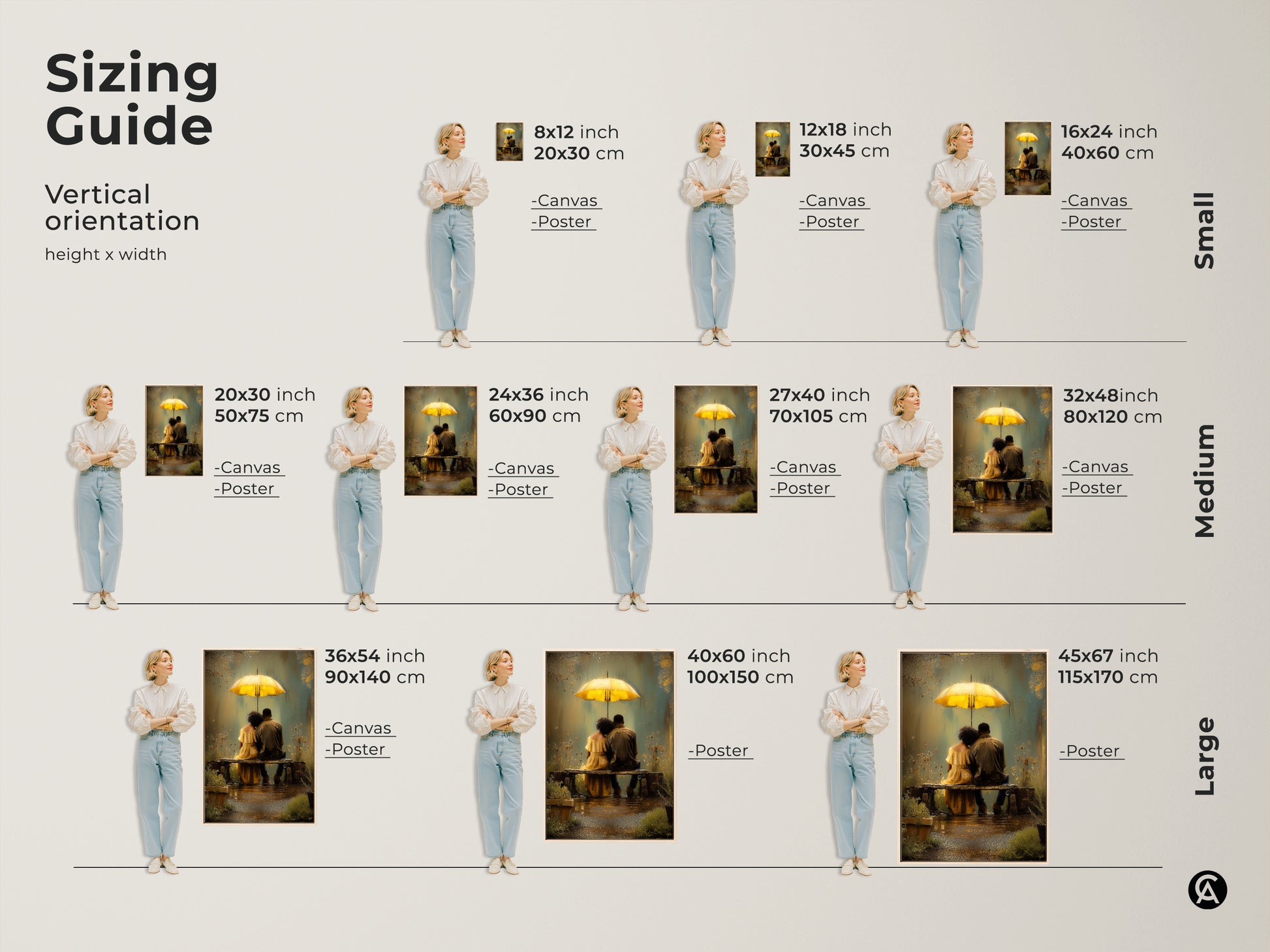 Sizing guide for romantic couple wall art. Vertical orientation options include canvas and poster prints. Sizes range from small to large. Each features a couple under a yellow umbrella. Perfect bohemian anniversary gift and rainy day art.
