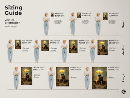 Sizing guide for romantic couple wall art. Vertical orientation options include canvas and poster prints. Sizes range from small to large. Each features a couple under a yellow umbrella. Perfect bohemian anniversary gift and rainy day art.