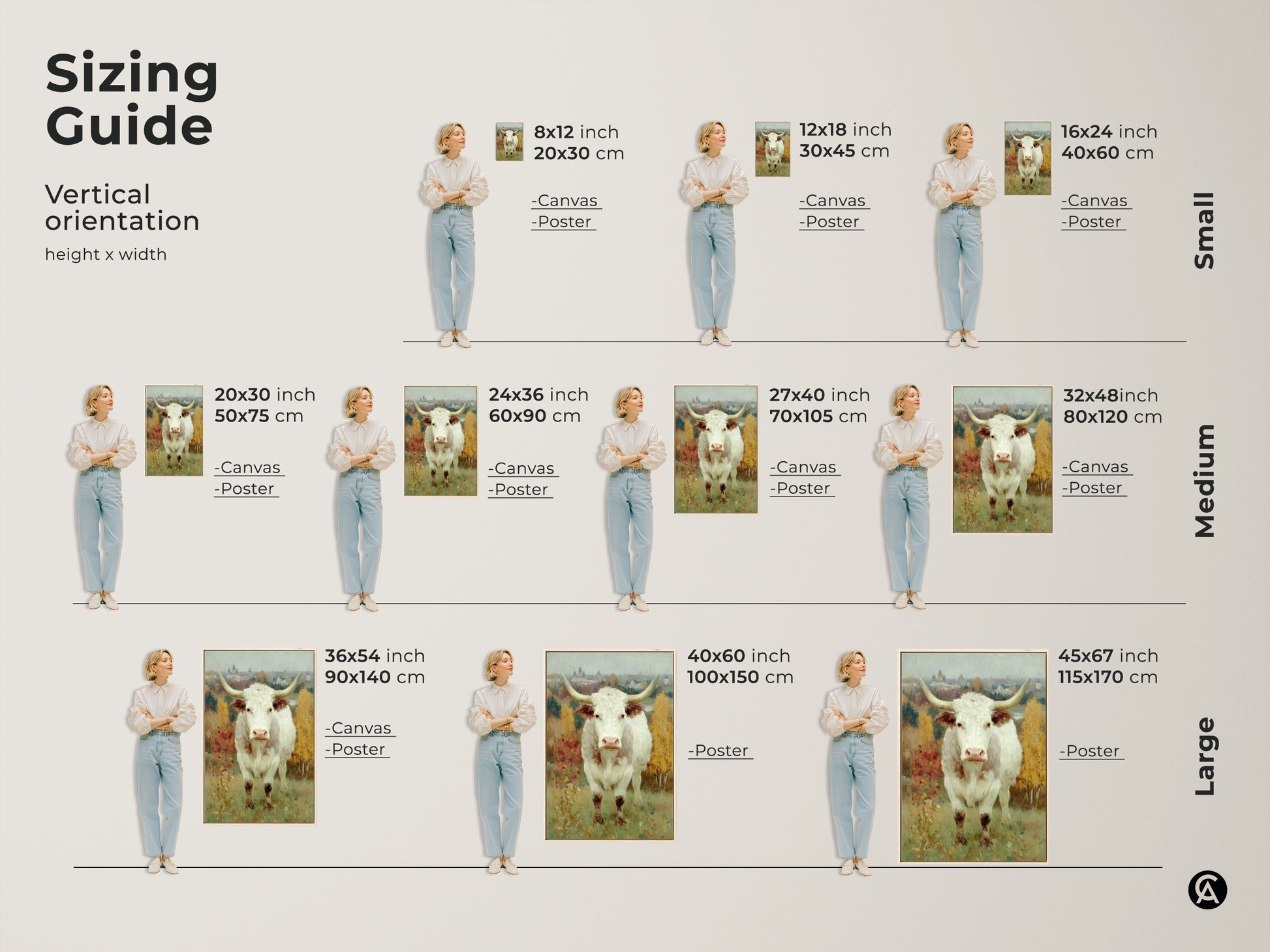 Find the perfect size with our vertical orientation sizing guide. The longhorn cow art is available in canvas and poster options. Visualize how each size fits into your space ensuring a seamless addition to your decor.