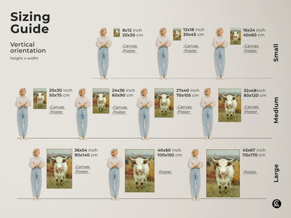 Find the perfect size with our vertical orientation sizing guide. The longhorn cow art is available in canvas and poster options. Visualize how each size fits into your space ensuring a seamless addition to your decor.
