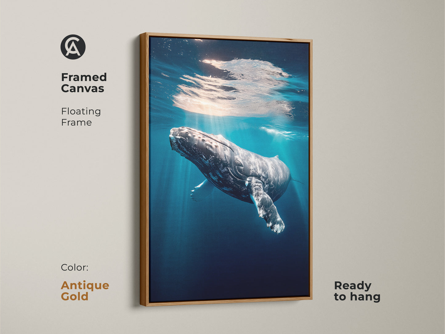 Ocean wildlife art in an antique gold floating frame. This framed canvas displays a humpback whale swimming underwater. The realistic marine art is ready to hang. Deep blue and teal tones create a coastal vibe. Perfect as a beach house decor or an ocean lover gift.