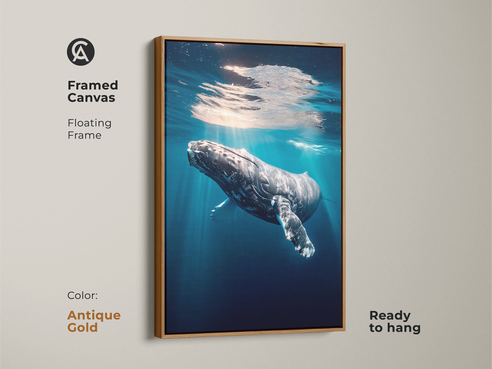 Ocean wildlife art in an antique gold floating frame. This framed canvas displays a humpback whale swimming underwater. The realistic marine art is ready to hang. Deep blue and teal tones create a coastal vibe. Perfect as a beach house decor or an ocean lover gift.