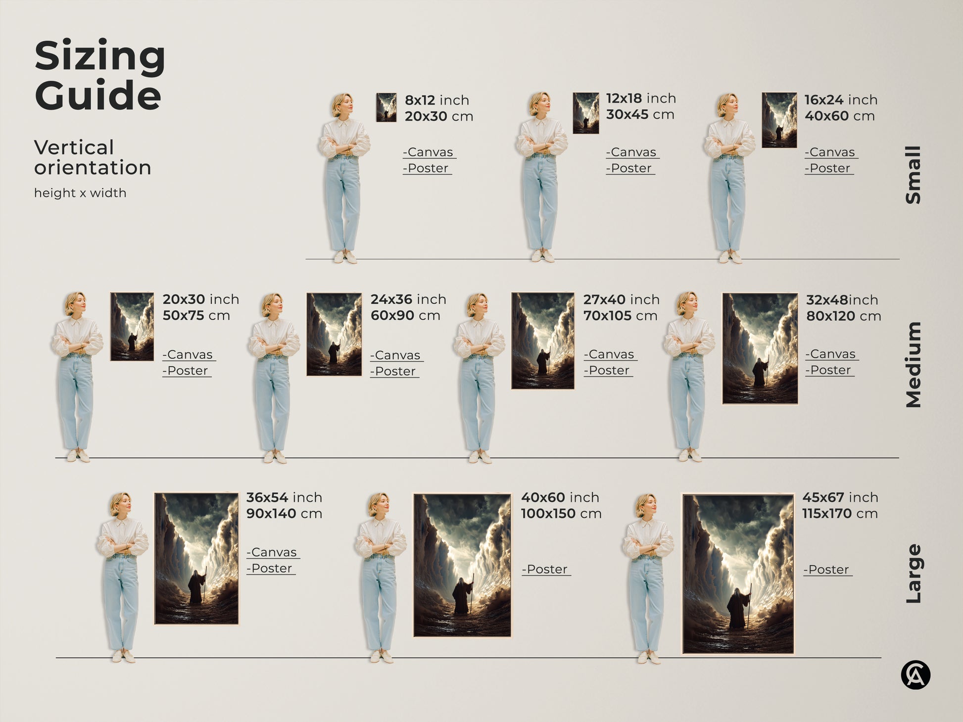 Visualize the perfect fit with our sizing guide for Moses parting the Red Sea art. See how each vertical canvas or poster print complements your space. From small to large sizes find the ideal dimensions for your biblical wall decor.