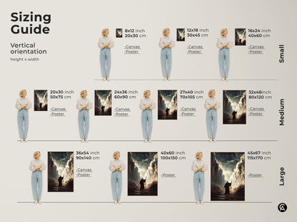 Visualize the perfect fit with our sizing guide for Moses parting the Red Sea art. See how each vertical canvas or poster print complements your space. From small to large sizes find the ideal dimensions for your biblical wall decor.