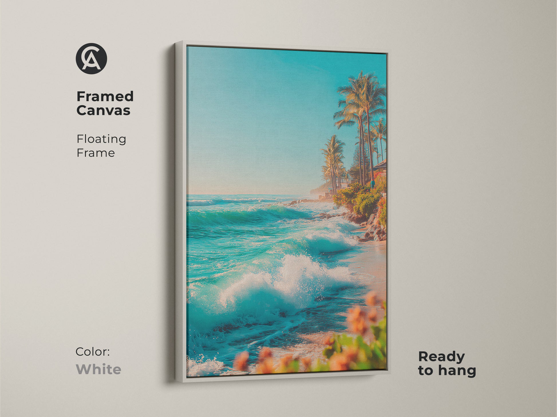 Framed canvas art in a white floating frame showcasing a serene tropical beach. Artwork features turquoise waves crashing on the shore near palm trees. This ready-to-hang piece brings coastal beauty to your home.