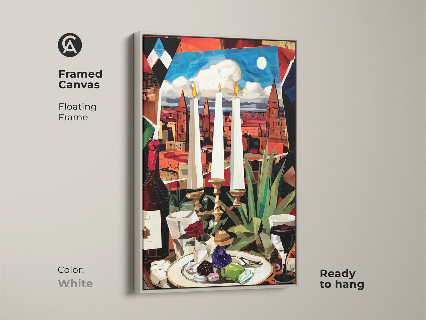 This is our framed cubist still life canvas with a white floating frame. The surrealist art shows a wine bottle candles and cityscape in a modern eclectic style. This is a stylish art piece ready to hang.