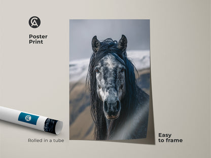 Poster print of a dark grey and white horse portrait. This rustic equine artwork is easy to frame. It's perfect as wildlife wall hanging or farmhouse animal art. The photorealistic horse canvas adds natural beauty to any room.  A great gift for animal lovers.