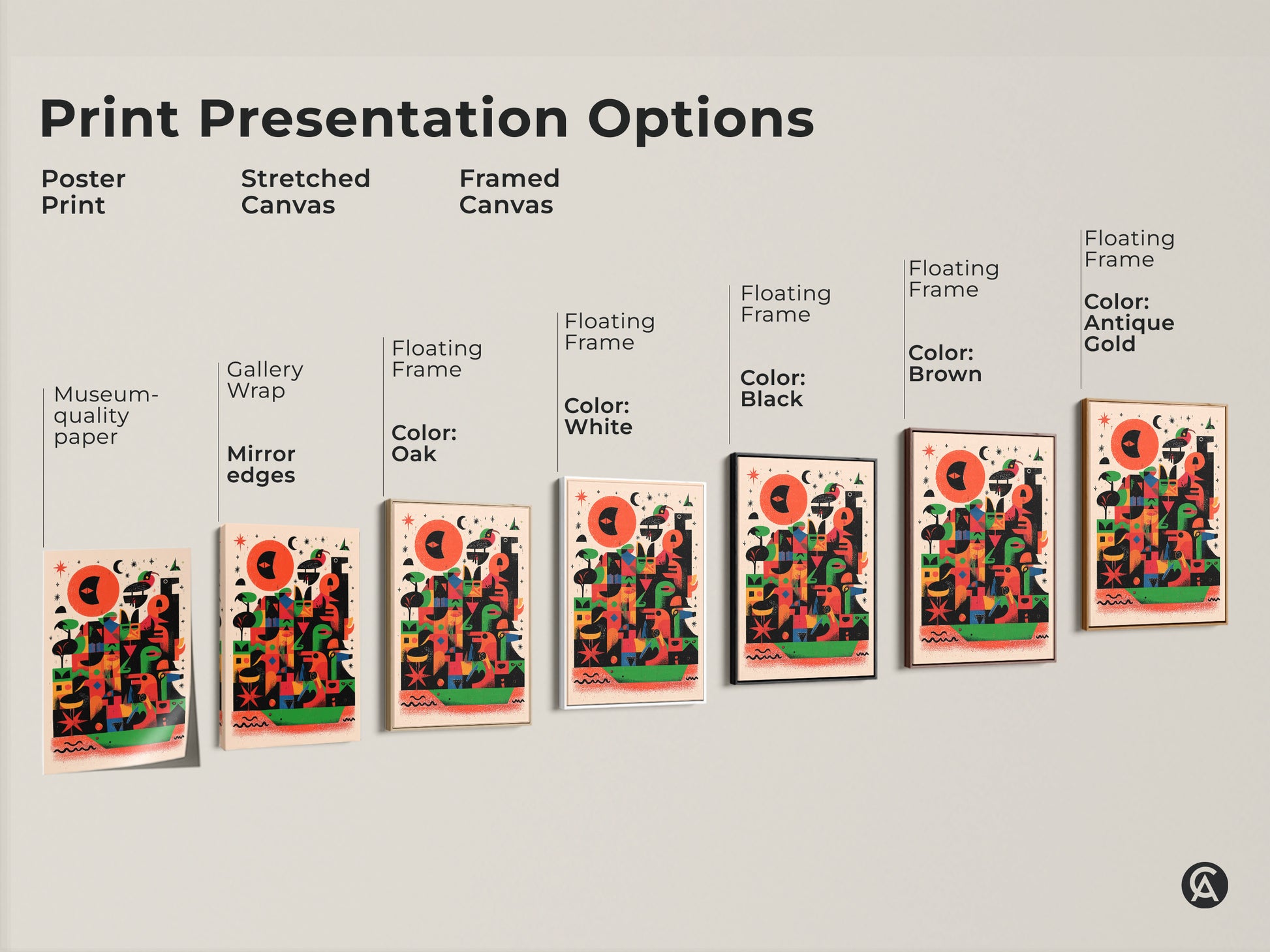 Explore print presentation options for abstract geometric bird artwork. Choose from poster prints stretched canvas or framed canvas with various floating frame colors like oak white black brown and antique gold. Find the perfect museum-quality wall art to enhance your space with this eclectic red orange and green art.