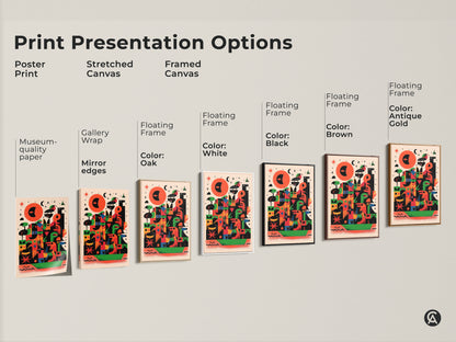 Explore print presentation options for abstract geometric bird artwork. Choose from poster prints stretched canvas or framed canvas with various floating frame colors like oak white black brown and antique gold. Find the perfect museum-quality wall art to enhance your space with this eclectic red orange and green art.