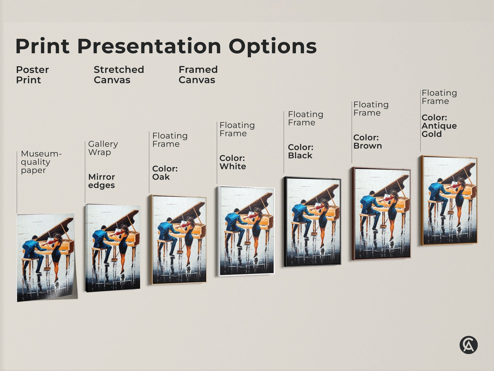 Explore print options for the abstract piano and violin duo artwork. Choose from poster prints stretched canvas or framed canvas. Select a black white oak brown or antique gold frame to match your style.