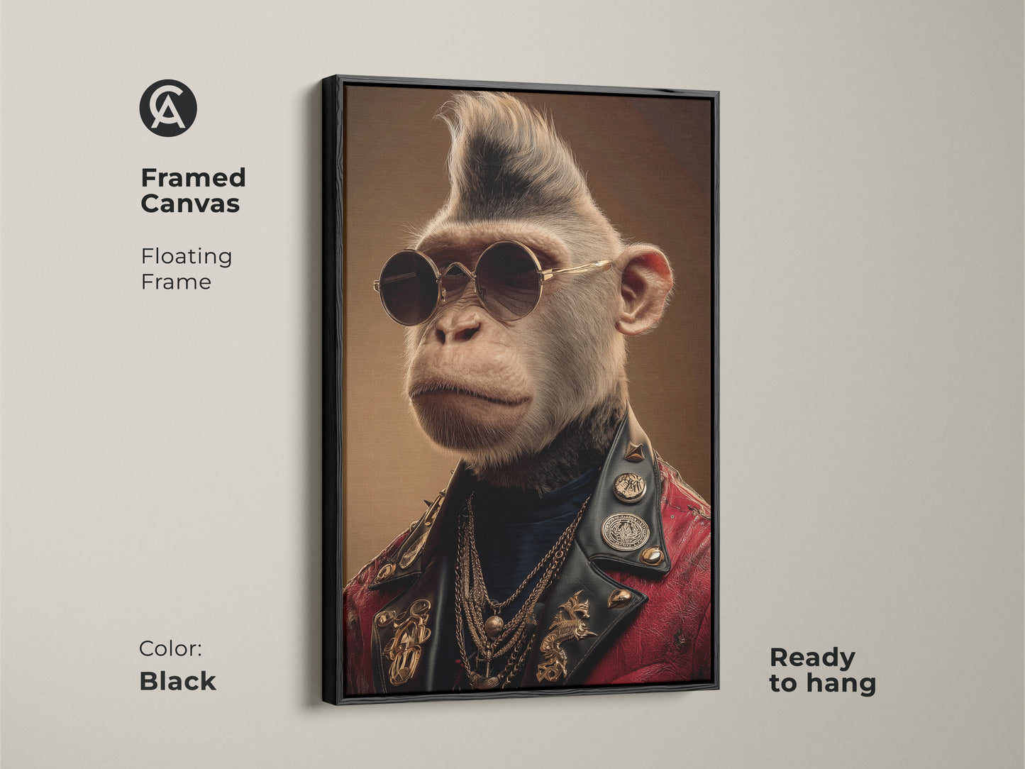 Framed canvas shows a cool monkey art print with a black floating frame. Ready to hang this punk rock animal portrait adds an eclectic touch to study room office wall decor.
