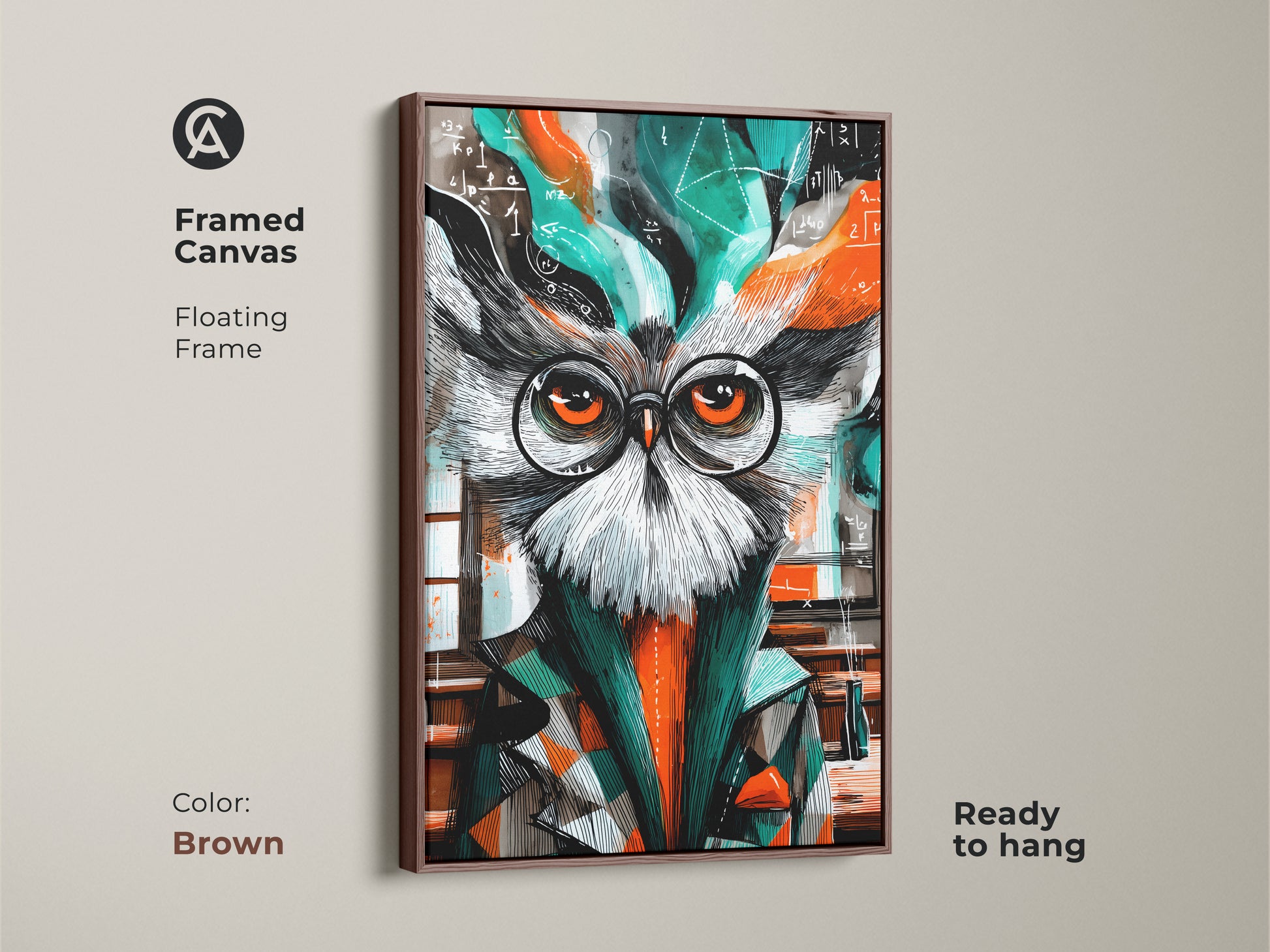 An abstract owl canvas framed in brown. The subject wears glasses amidst math formulas. The orange and teal artwork brings academic charm. It is perfect as study room decor or office wall art. Makes a thoughtful teacher appreciation gift for those who love owls and art.