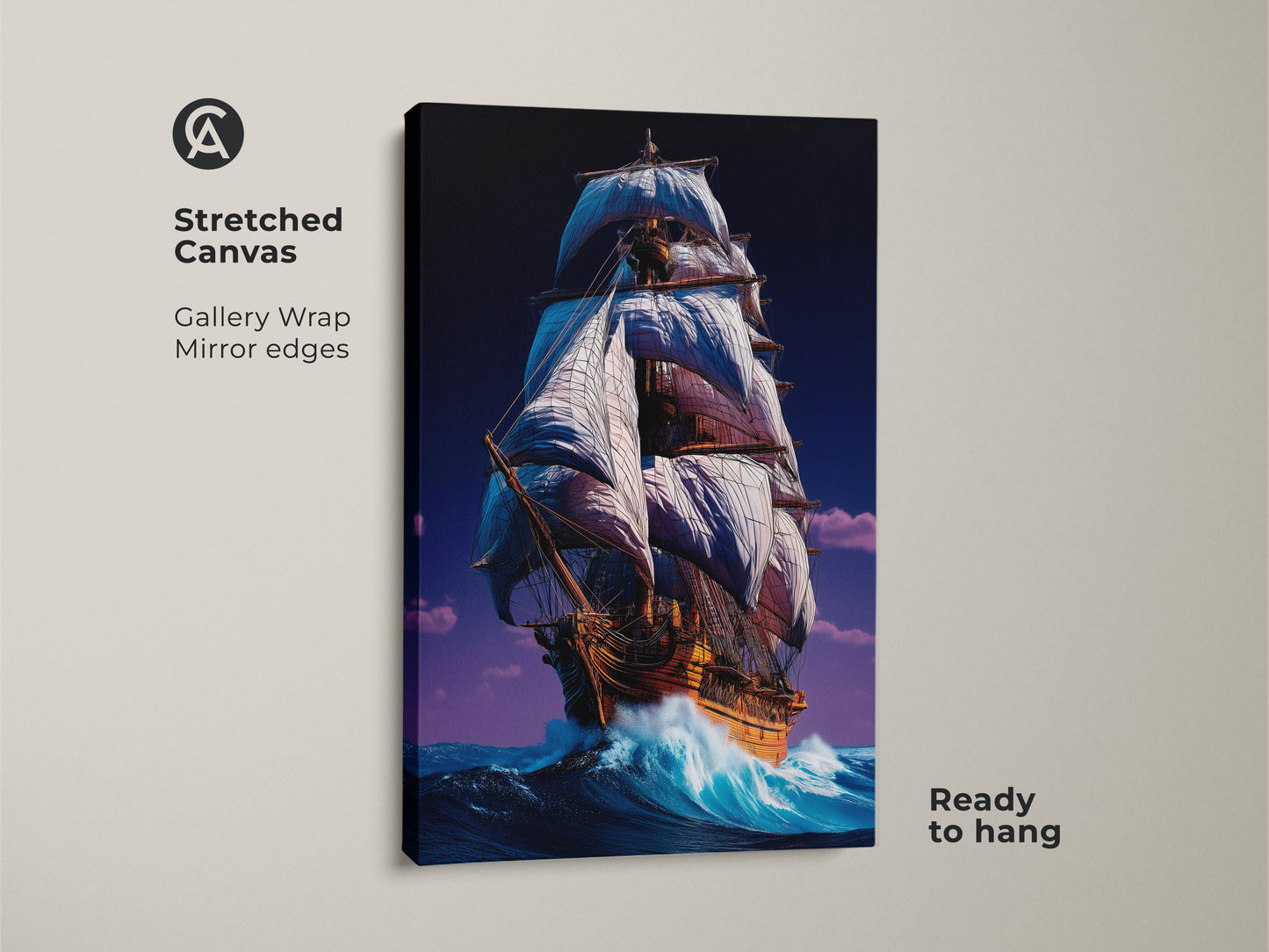 Stretched canvas featuring tall ship art. The gallery wrap has mirrored edges and is ready to hang. The artwork embodies adventure and maritime exploration. This blue and white sailboat art is perfect nautical wall decor.