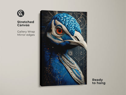 Stretched canvas featuring an Art Nouveau peacock print. The gallery-wrapped canvas has mirrored edges and comes ready to hang. Blue and orange peacock canvas brings detailed feather wall art to life. Ideal avian art for home decor.