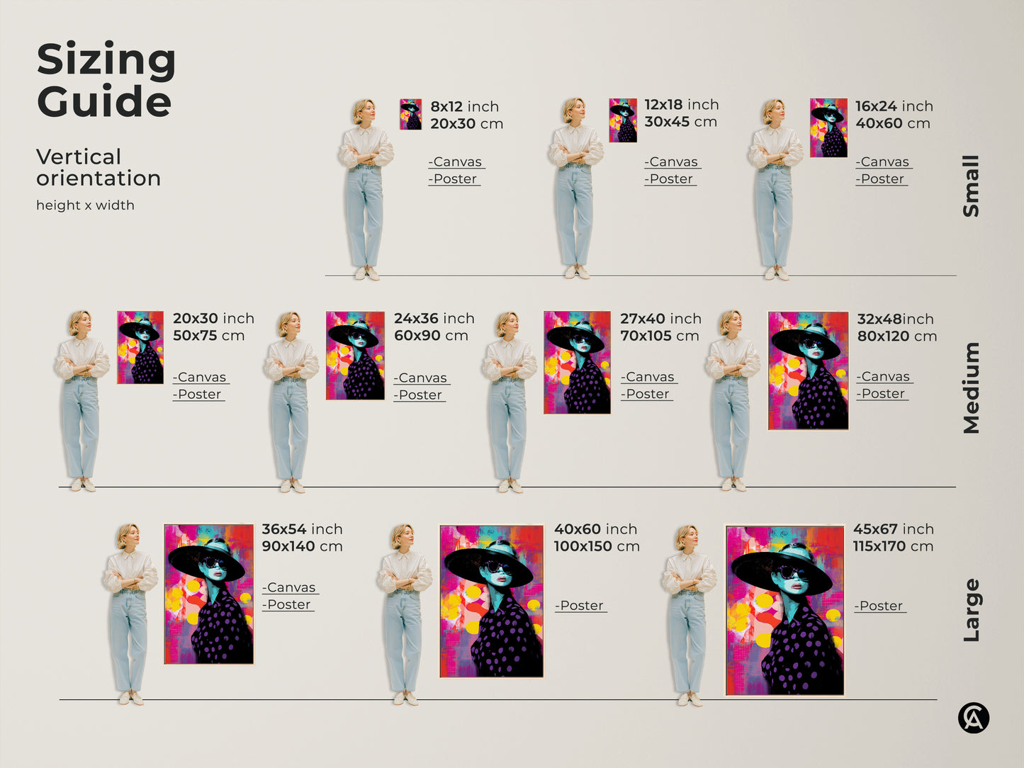 Sizing guide for vertical orientation of a pop art woman portrait. Available as canvas or poster. Sizes range from small to large for personalized wall decor.