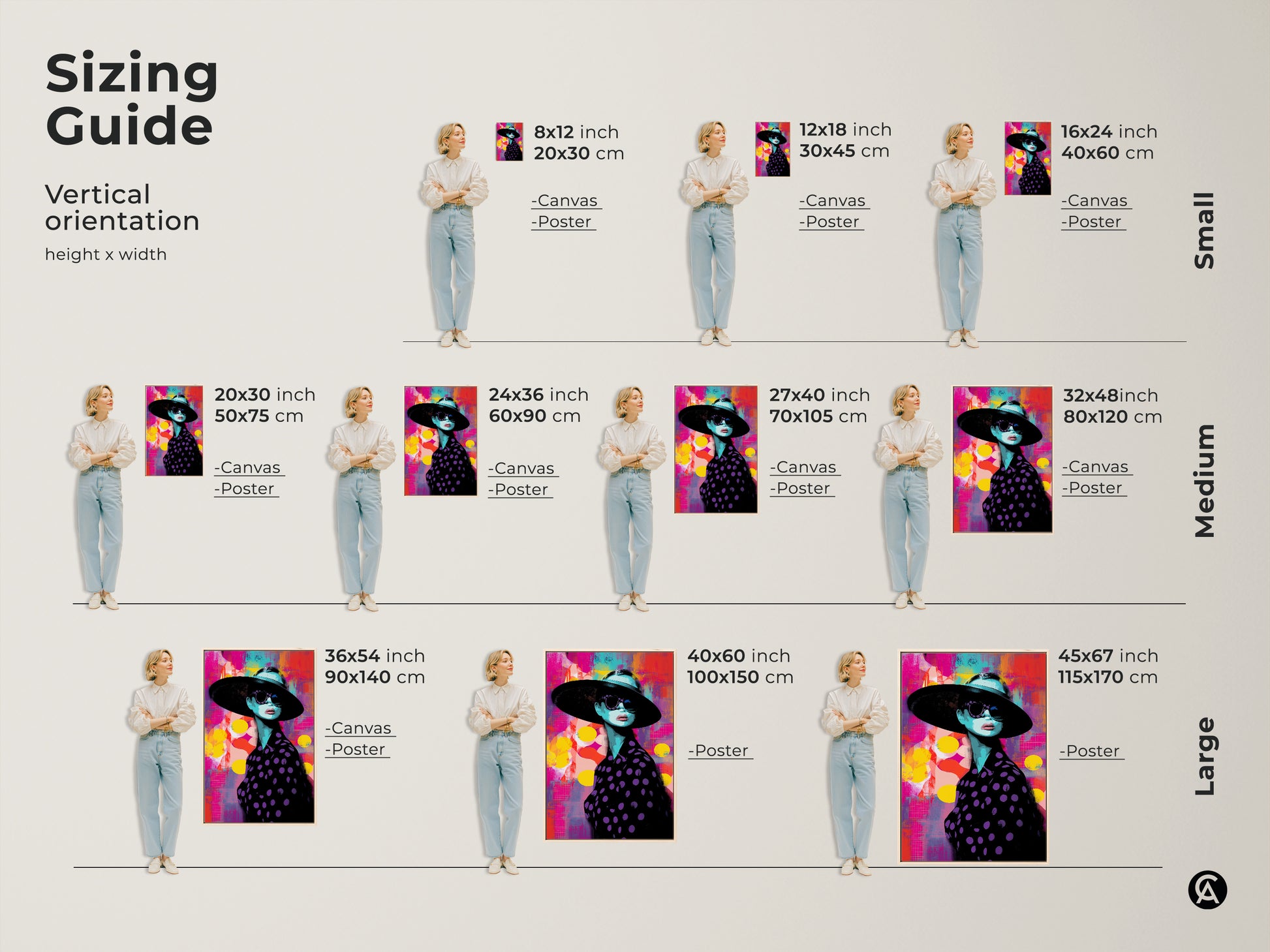 Sizing guide for vertical orientation of a pop art woman portrait. Available as canvas or poster. Sizes range from small to large for personalized wall decor.