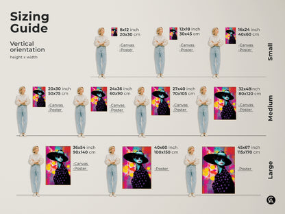 Sizing guide for vertical orientation of a pop art woman portrait. Available as canvas or poster. Sizes range from small to large for personalized wall decor.