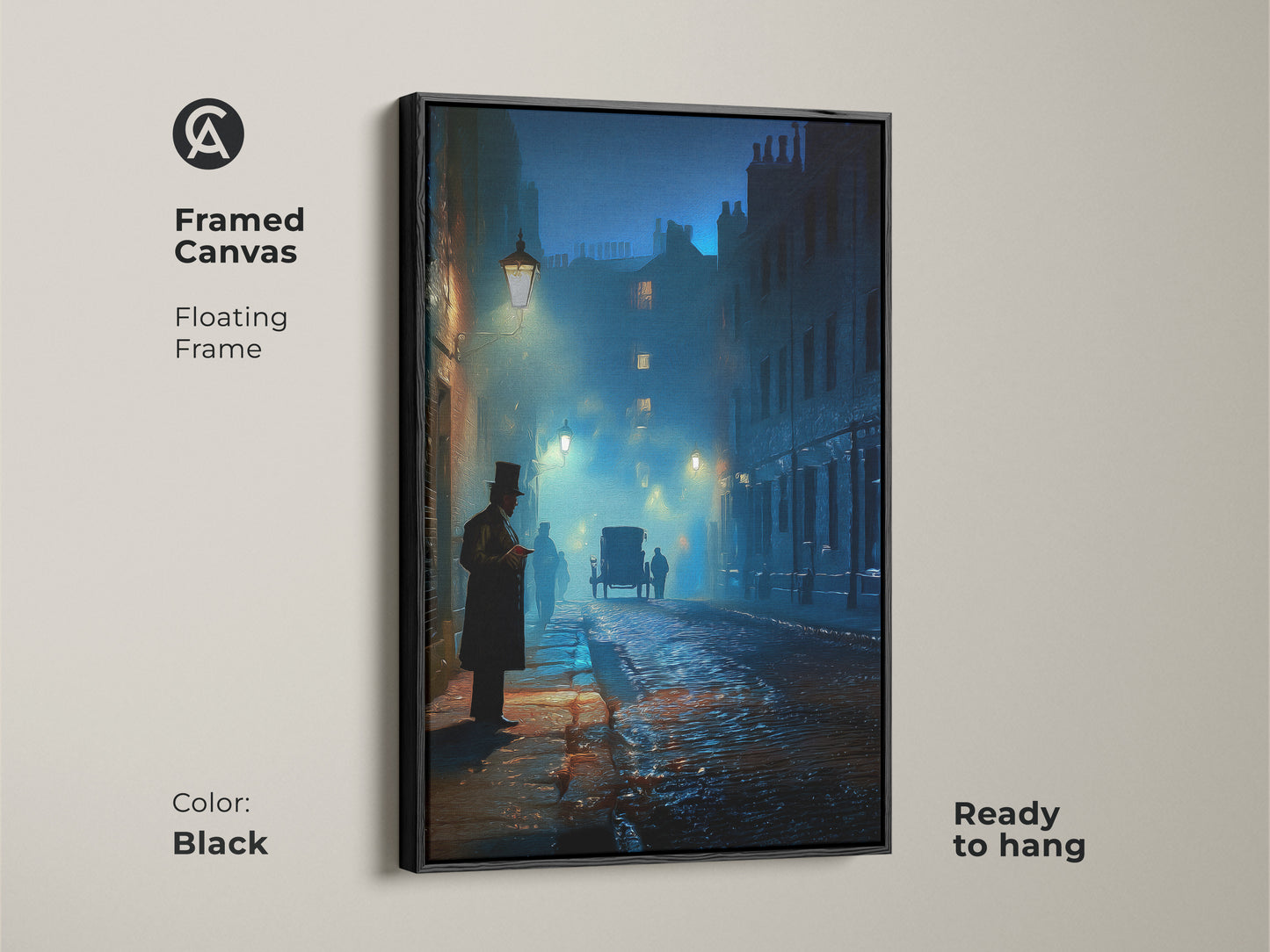 Framed canvas art print of a Victorian street. Black floating frame enhances the Gothic dark academia artwork. A horse-drawn carriage is featured on a navy teal blue street. Ready to hang in an office or study room. Historical cityscape art.