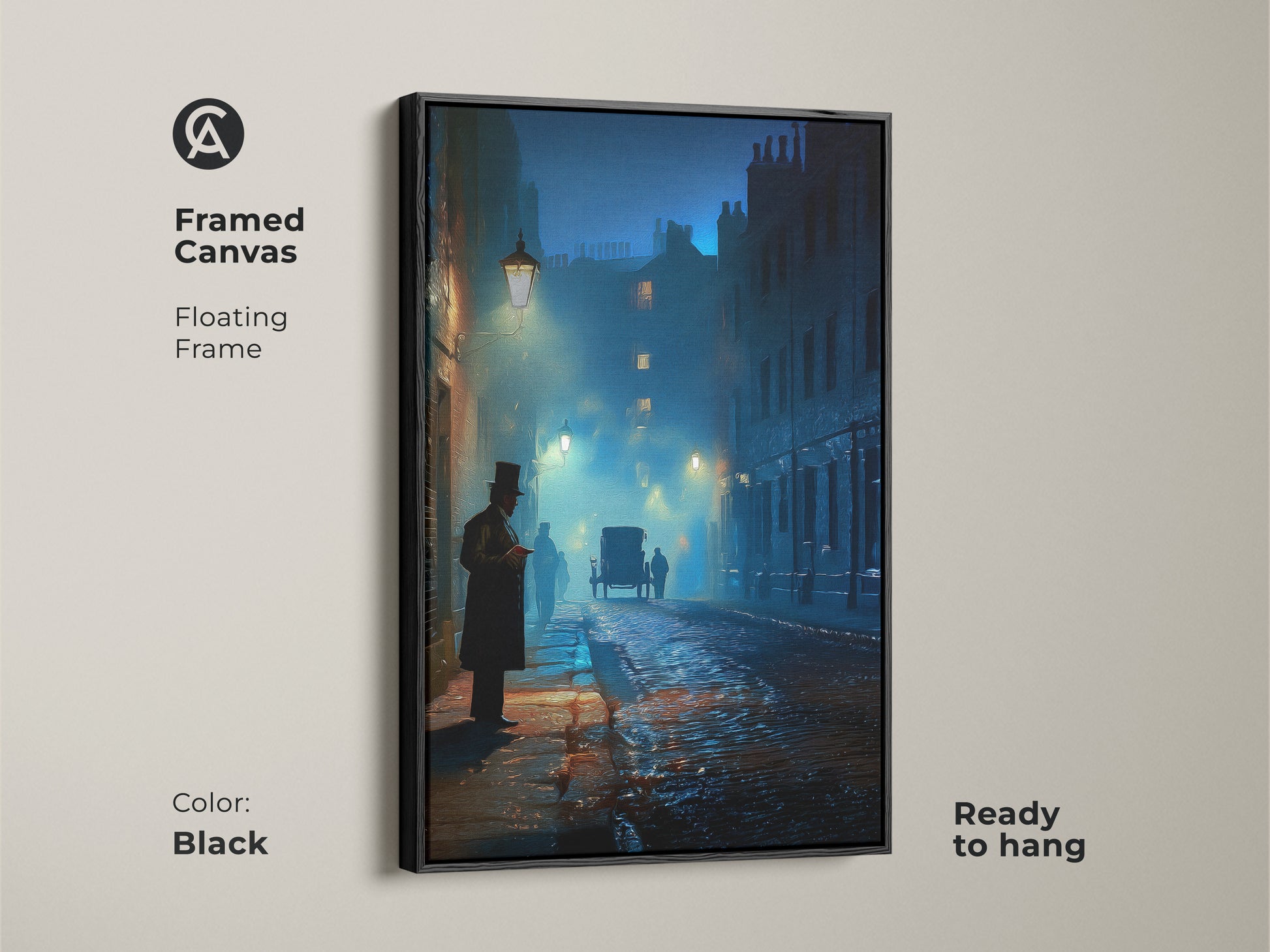 Framed canvas art print of a Victorian street. Black floating frame enhances the Gothic dark academia artwork. A horse-drawn carriage is featured on a navy teal blue street. Ready to hang in an office or study room. Historical cityscape art.