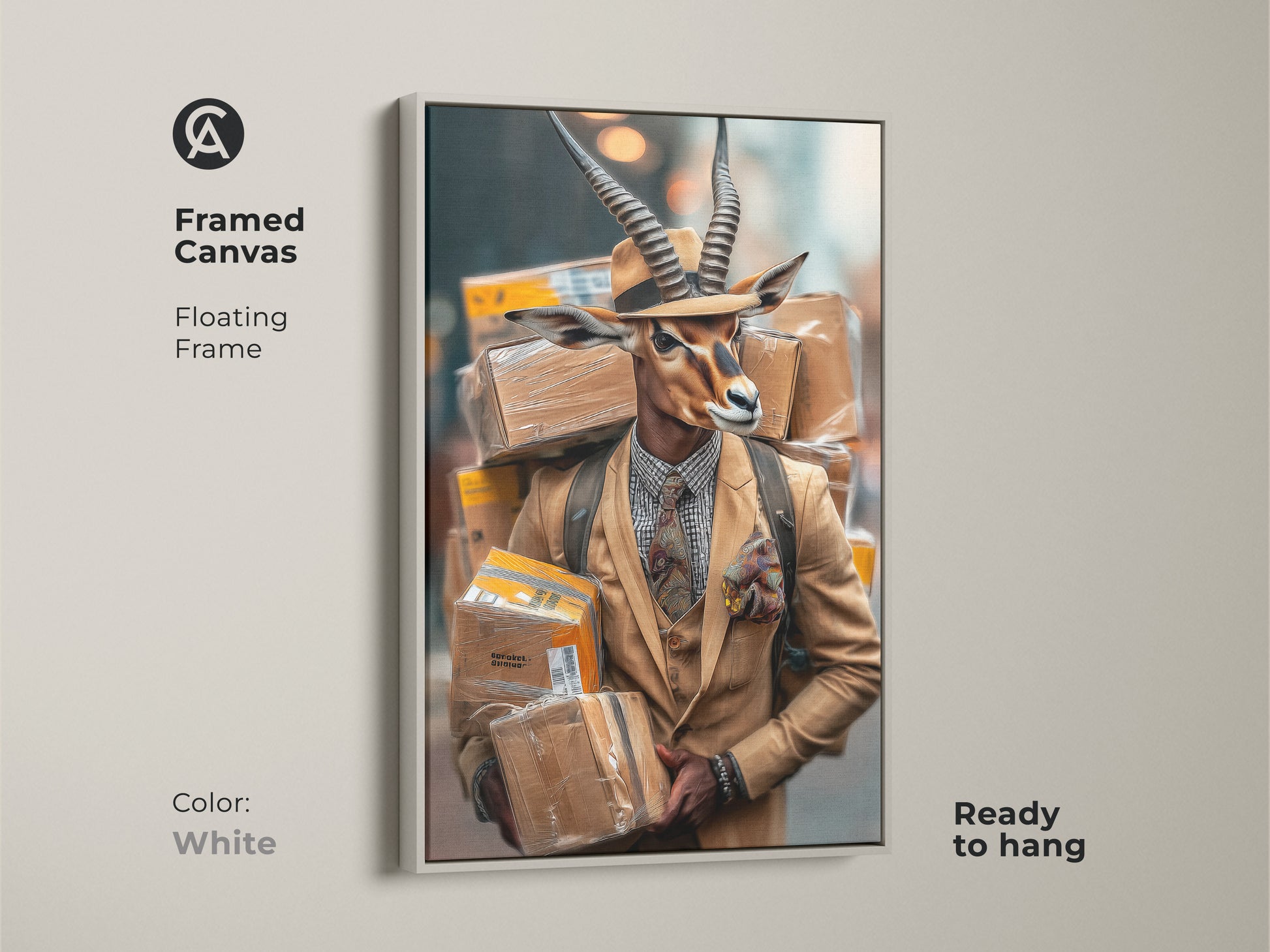 Framed in white canvas a surreal gazelle man art print is ready to hang. The unique animal portrait adds an eclectic touch to any space. This tan brown yellow artwork is a unique gift idea. Get this animal in suit wall art for modern office decor.