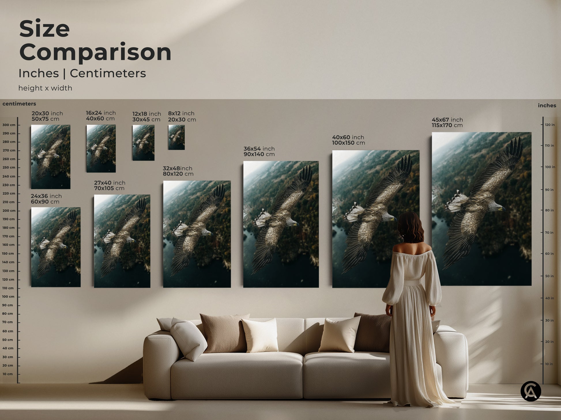 Size comparison of wildlife canvas art featuring an eagle in flight. See how different sizes fit above a couch. This rustic nature print brings earthy tones and deep teal forest green hues to your home. Available in various sizes to suit any space and style.