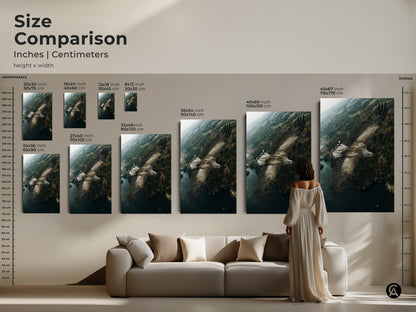 Size comparison of wildlife canvas art featuring an eagle in flight. See how different sizes fit above a couch. This rustic nature print brings earthy tones and deep teal forest green hues to your home. Available in various sizes to suit any space and style.