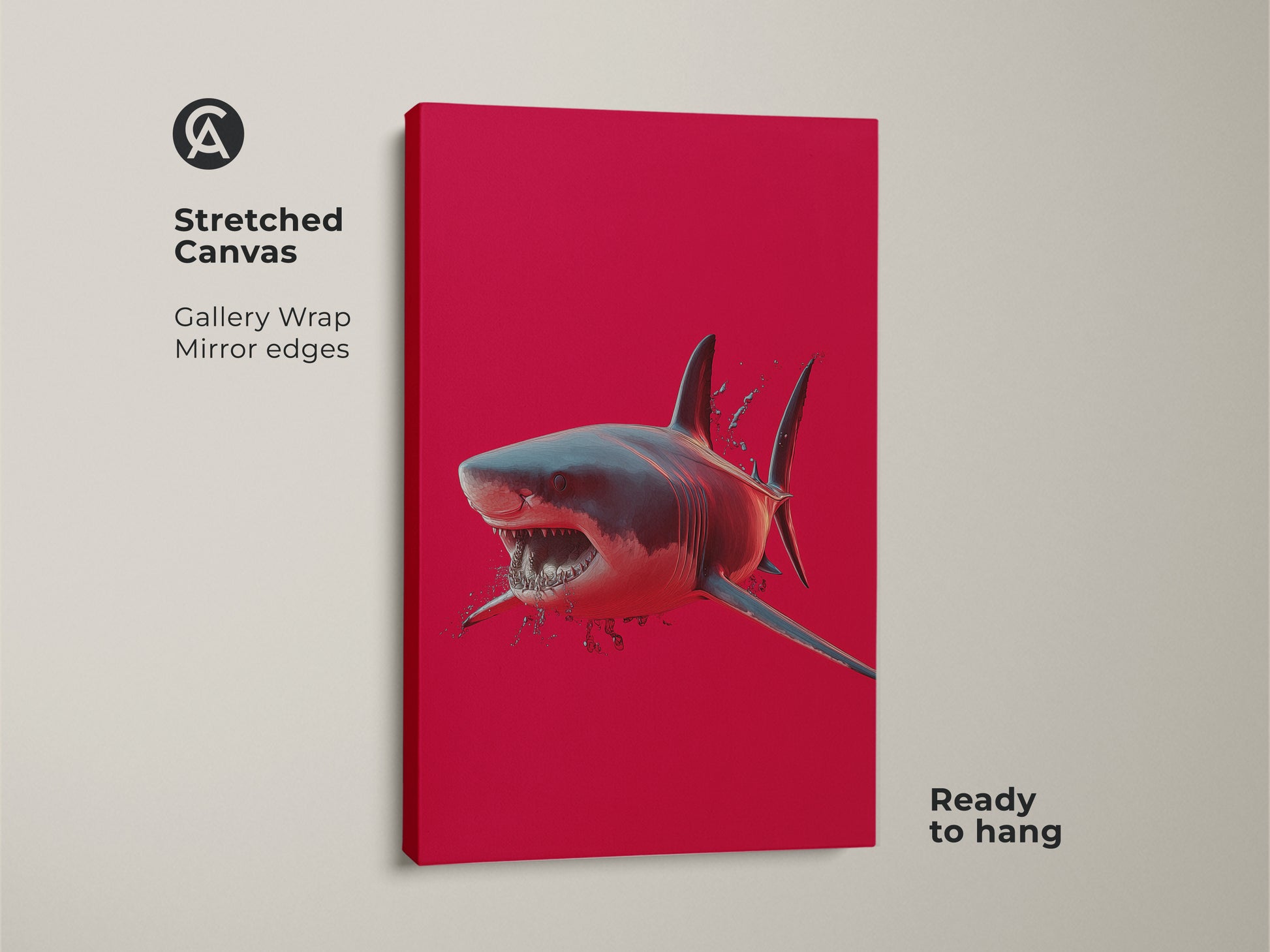 A striking stretched canvas featuring great white shark art. The crimson ocean background enhances the shark wildlife canvas. Ready to hang this red animal print is perfect for shark lovers.