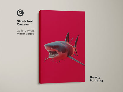 A striking stretched canvas featuring great white shark art. The crimson ocean background enhances the shark wildlife canvas. Ready to hang this red animal print is perfect for shark lovers.