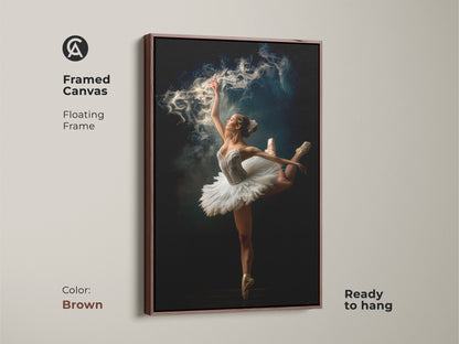 Framed canvas art of a ballerina with a brown floating frame. Ready to hang this artwork features a dancer in a graceful pose with a magical smoke effect. The brown frame enhances the warmth. Ideal for classic decor.