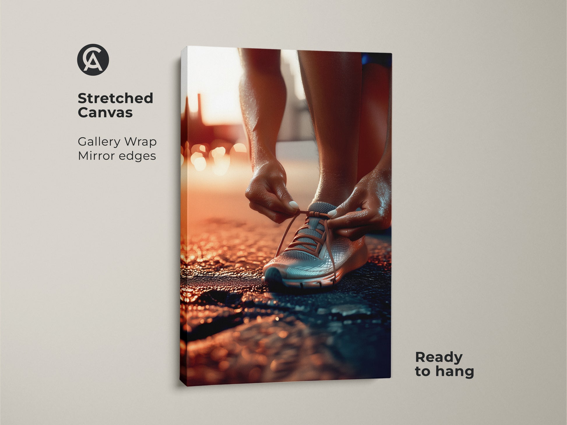 A stretched canvas print of a runner tying their laces. Gallery wrap with mirrored edges. This motivational fitness art is ready to hang. The artwork uses orange gray and teal tones. Ideal for home gym wall decor.
