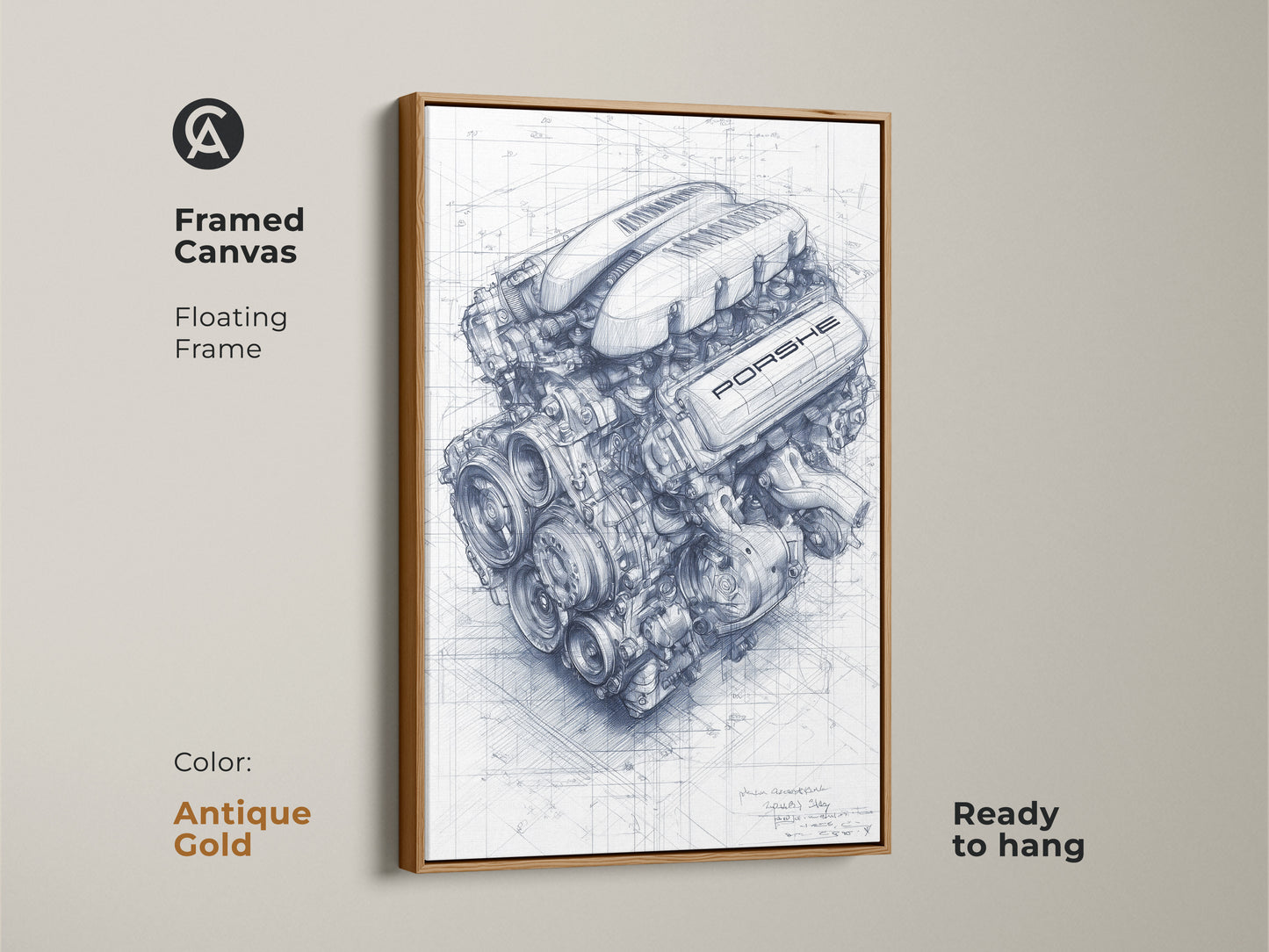 Antique gold framed canvas with a Porsche engine blueprint. This vehicle engineering artwork is ideal for automotive enthusiast wall decor. A precision engineering art print ready to hang. Perfect for a workshop or garage.